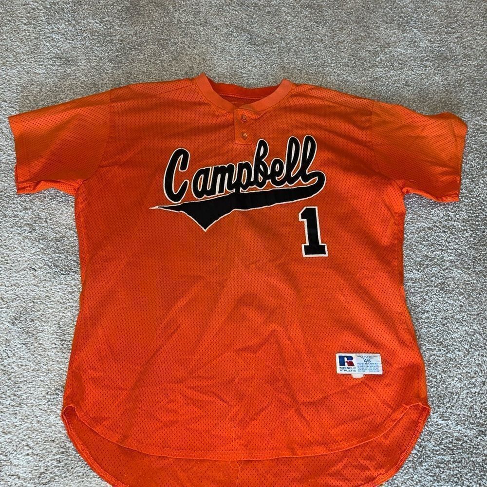 Vintage Orange Campbell University Camels Baseball team game used worn jersey 46
